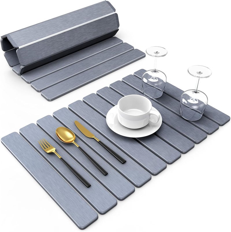 DK177 Large Stone Dish Drying Mat for Kitchen Counter, 24"(L)×16"(W), Collapsible Quick Dry Stone Dish Mats, Super Absorbent Diatomaceous Earth Drying Pad for Dishes Bottles Cups, Countertops (Black Grey) - Image 1